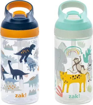 Zak Designs Atlantic Kids Water Bottle For School or Travel, 16oz Durable Plastic Water Bottle With Straw, Handle, and Leak-Proof, Pop-Up Spout Cover, 2-Pack (Zaksaurus and Safari)