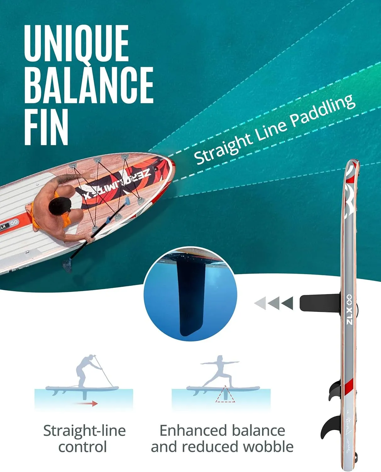ZLX 10'6" Inflatable Stand Up Paddle Board, Extra Wide Stable Non-Slip Deck Pad, Unique Center Fin, Portable Paddleboard for Adults, Premium Blow Up Paddle Boards SUP for Beginners, All Skill Levels