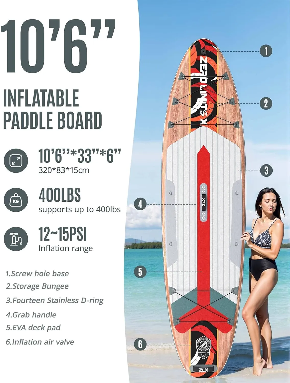 ZLX 10'6" Inflatable Stand Up Paddle Board, Extra Wide Stable Non-Slip Deck Pad, Unique Center Fin, Portable Paddleboard for Adults, Premium Blow Up Paddle Boards SUP for Beginners, All Skill Levels