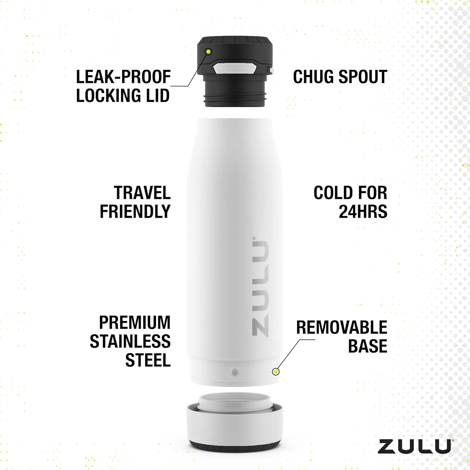 ZULU Ace Vacuum Insulated Stainless Steel Water Bottle with Chug Spout, Leak-Proof Locking Lid and Removable Base for School, Backpack, Sports, Gym, Travel