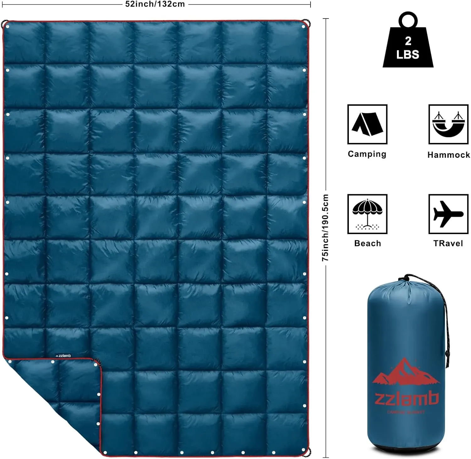 zzlamb Camping Blanket, Outdoor Lightweight Travel Blanket Puffy Portable Down Alternative, Windproof Warm Cloak with Snaps, Cozy Quilt Backpacking Picnic RV Plane Car Hammock Beach Climbing